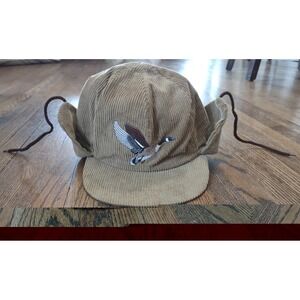 Vintage 80's Tan Corduroy Insulated Hat w/ Flaps Size S/M Embroidered Goose